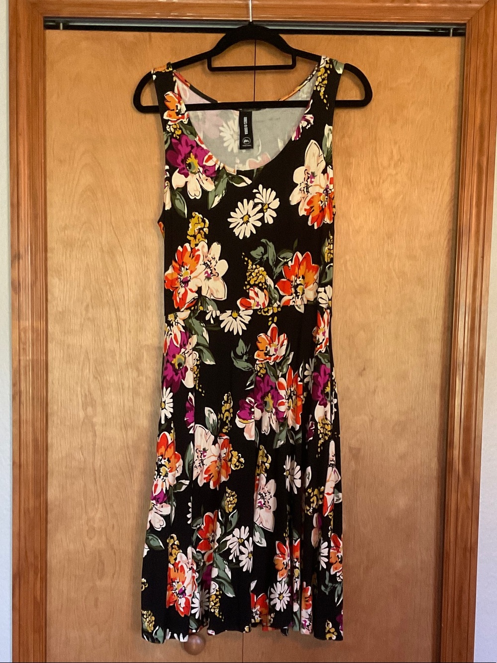LuLaRoe Black Midi Dress with Orange, Pink, Purple & Cream Floral Print